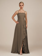 KissDress-Queniva Willow Green Sheath Chiffon Spaghetti Straps Ruffles Long Bridesmaid Dress with Slit