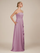 KissDress-Queniva Wisteria Sheath Chiffon Spaghetti Straps Ruffles Long Bridesmaid Dress with Slit