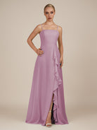 KissDress-Queniva Wisteria Sheath Chiffon Spaghetti Straps Ruffles Long Bridesmaid Dress with Slit