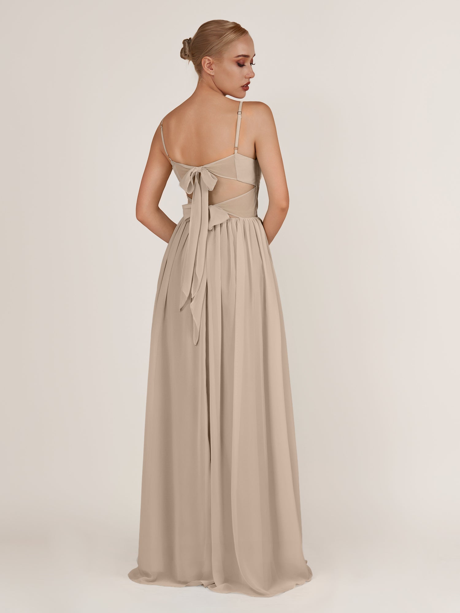 KissDress-Quillaine Almond A Line V Neck Twisted Long Bridesmaid Dress with Slit