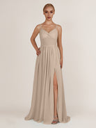 KissDress-Quillaine Almond A Line V Neck Twisted Long Bridesmaid Dress with Slit