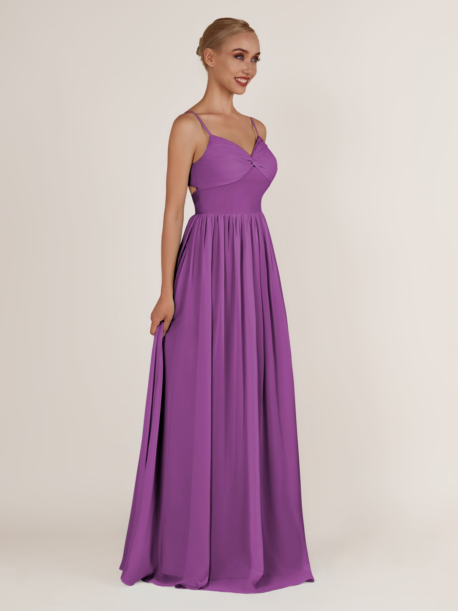 KissDress-Quillaine Amethyst A Line V Neck Twisted Long Bridesmaid Dress with Slit