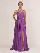 KissDress-Quillaine Amethyst A Line V Neck Twisted Long Bridesmaid Dress with Slit