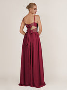 KissDress-Quillaine Berry A Line V Neck Twisted Long Bridesmaid Dress with Slit
