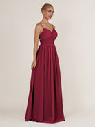 KissDress-Quillaine Berry A Line V Neck Twisted Long Bridesmaid Dress with Slit