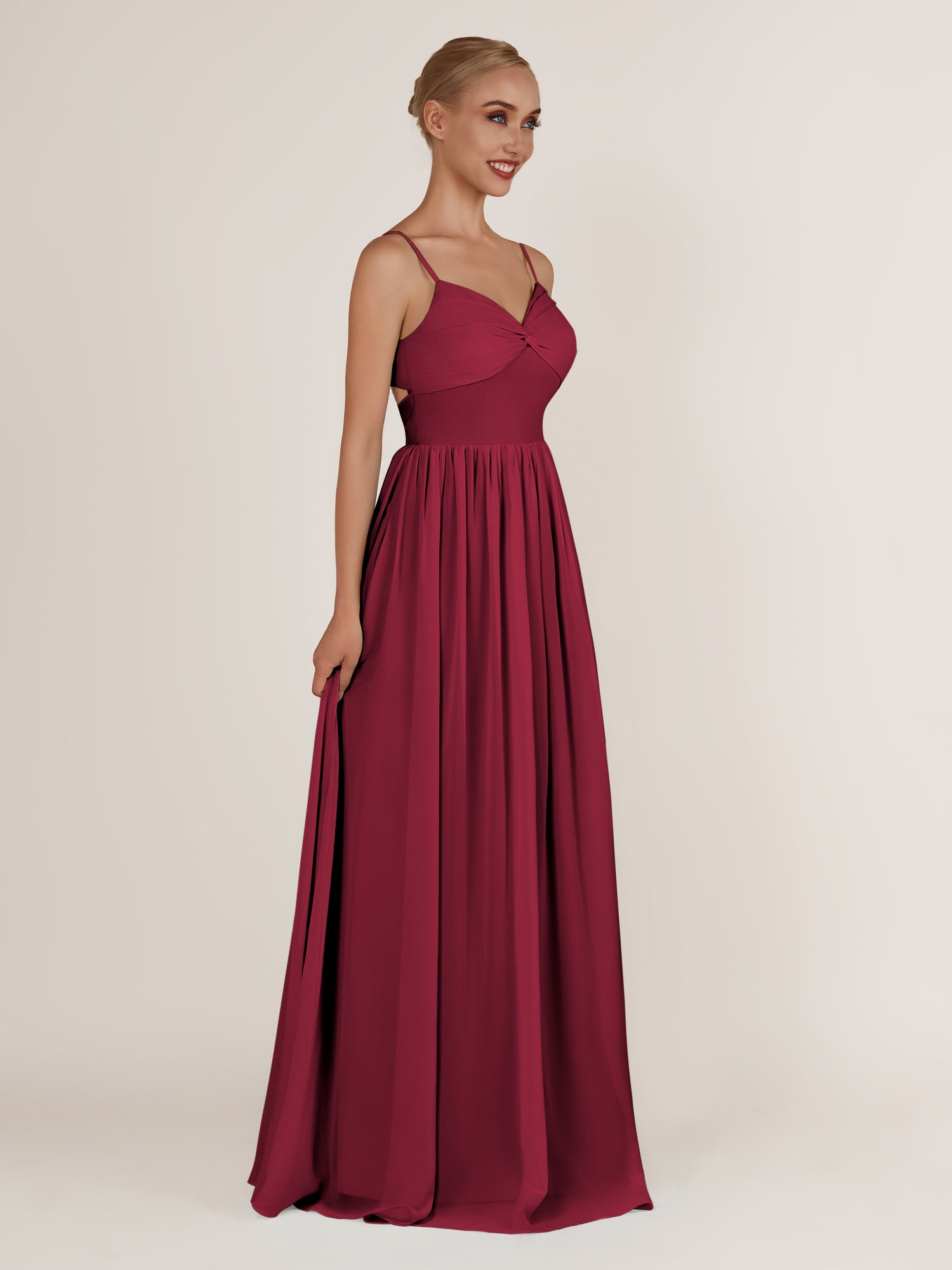 KissDress-Quillaine Berry A Line V Neck Twisted Long Bridesmaid Dress with Slit