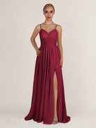 KissDress-Quillaine Berry A Line V Neck Twisted Long Bridesmaid Dress with Slit