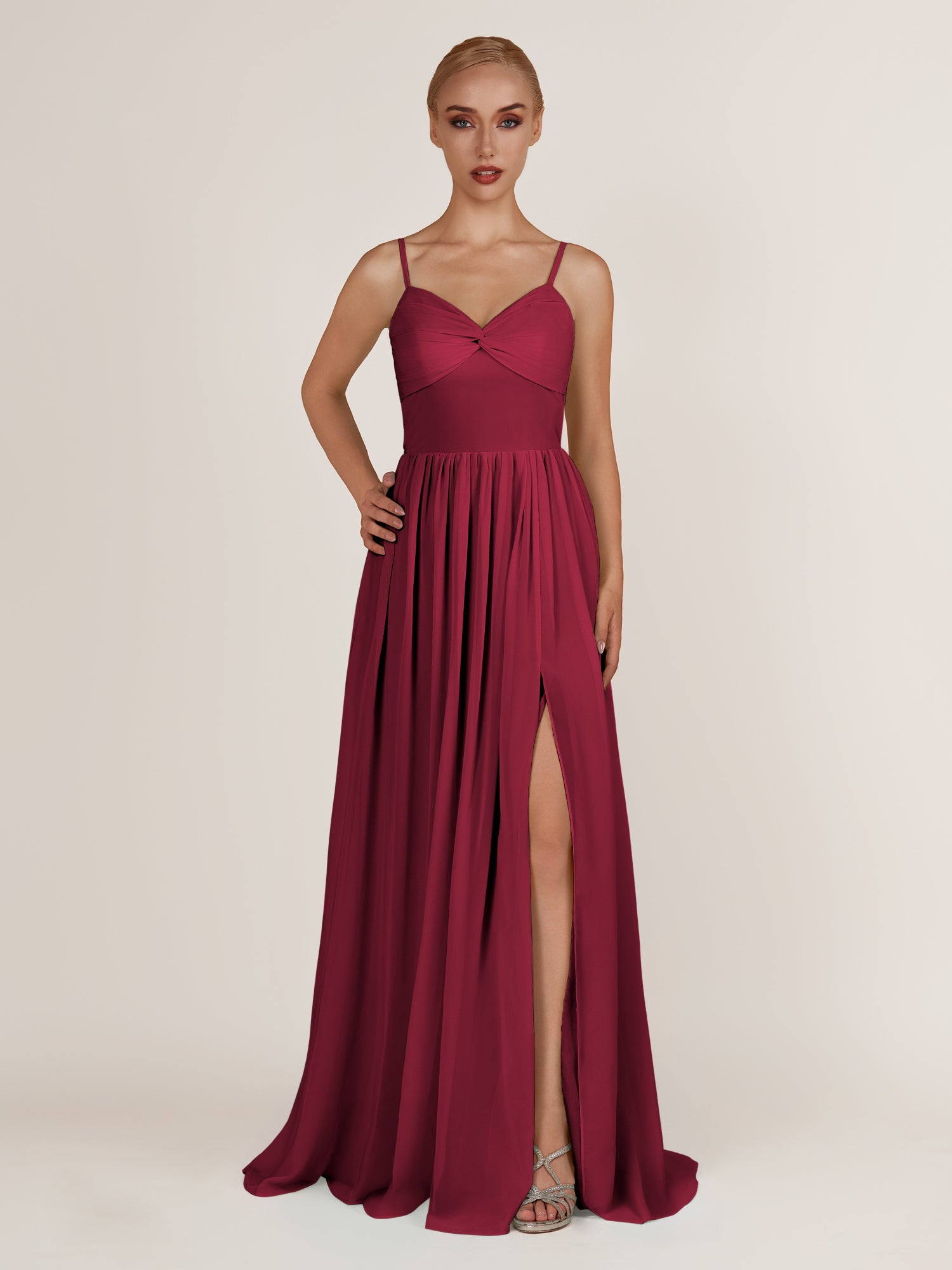 KissDress-Quillaine Berry A Line V Neck Twisted Long Bridesmaid Dress with Slit