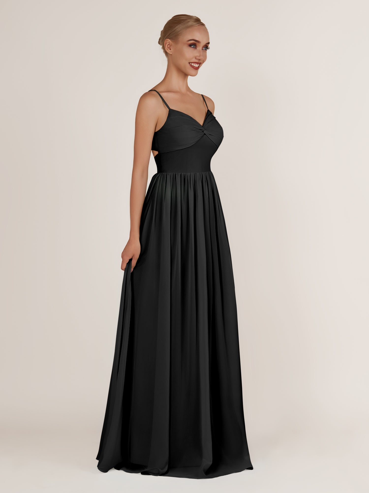 KissDress-Quillaine Black A Line V Neck Twisted Long Bridesmaid Dress with Slit