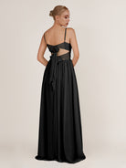 KissDress-Quillaine Black A Line V Neck Twisted Long Bridesmaid Dress with Slit