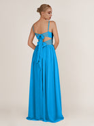 KissDress-Quillaine Blue Jay A Line V Neck Twisted Long Bridesmaid Dress with Slit