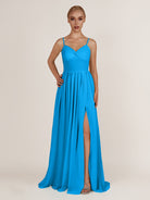 KissDress-Quillaine Blue Jay A Line V Neck Twisted Long Bridesmaid Dress with Slit