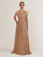 KissDress-Quillaine Bronzer A Line V Neck Twisted Long Bridesmaid Dress with Slit