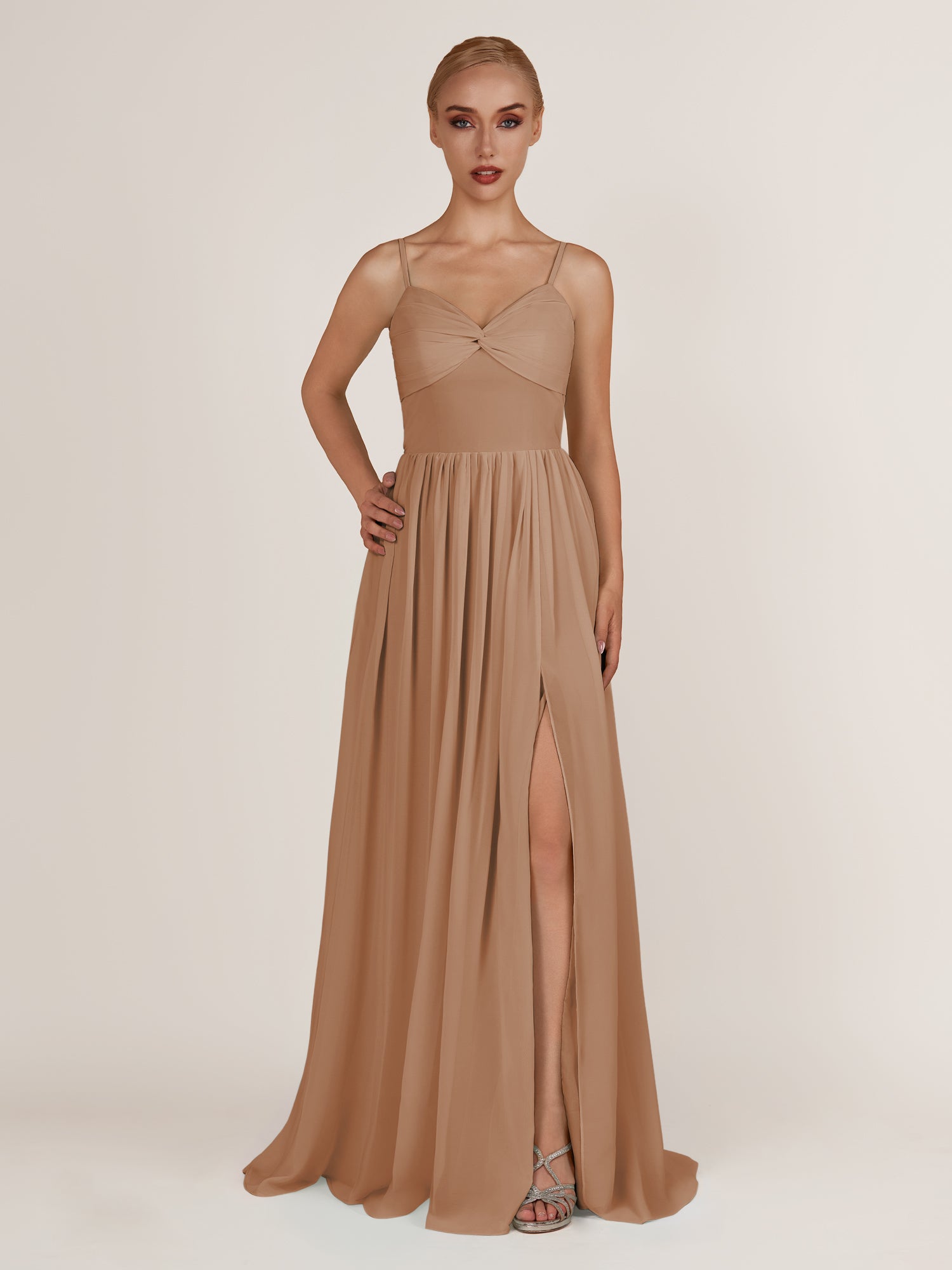 KissDress-Quillaine Bronzer A Line V Neck Twisted Long Bridesmaid Dress with Slit