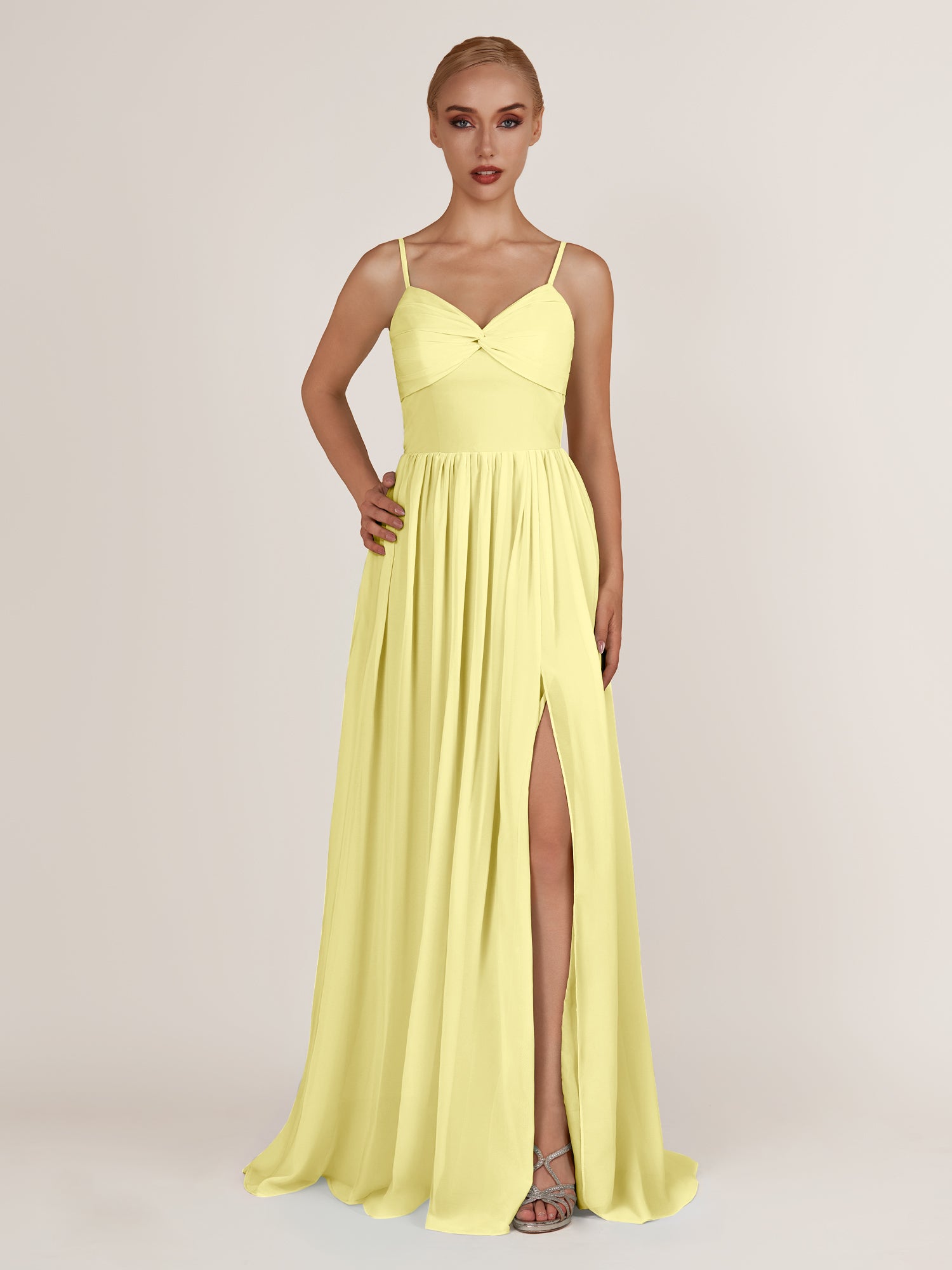 KissDress-Quillaine Buttercup A Line V Neck Twisted Long Bridesmaid Dress with Slit