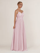 KissDress-Quillaine Candy Pink A Line V Neck Twisted Long Bridesmaid Dress with Slit