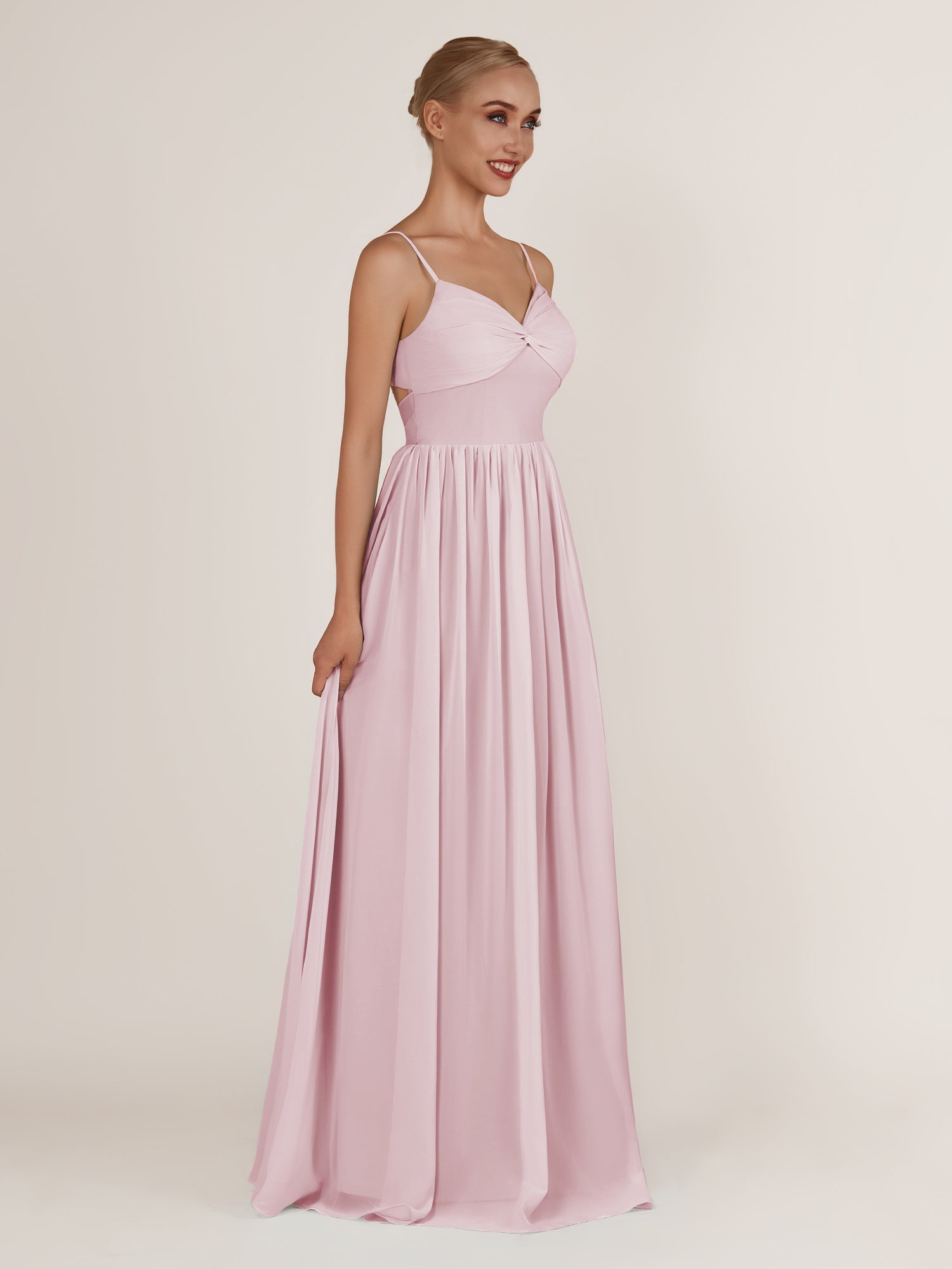 KissDress-Quillaine Candy Pink A Line V Neck Twisted Long Bridesmaid Dress with Slit