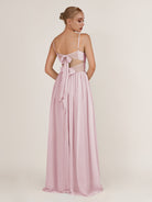 KissDress-Quillaine Candy Pink A Line V Neck Twisted Long Bridesmaid Dress with Slit