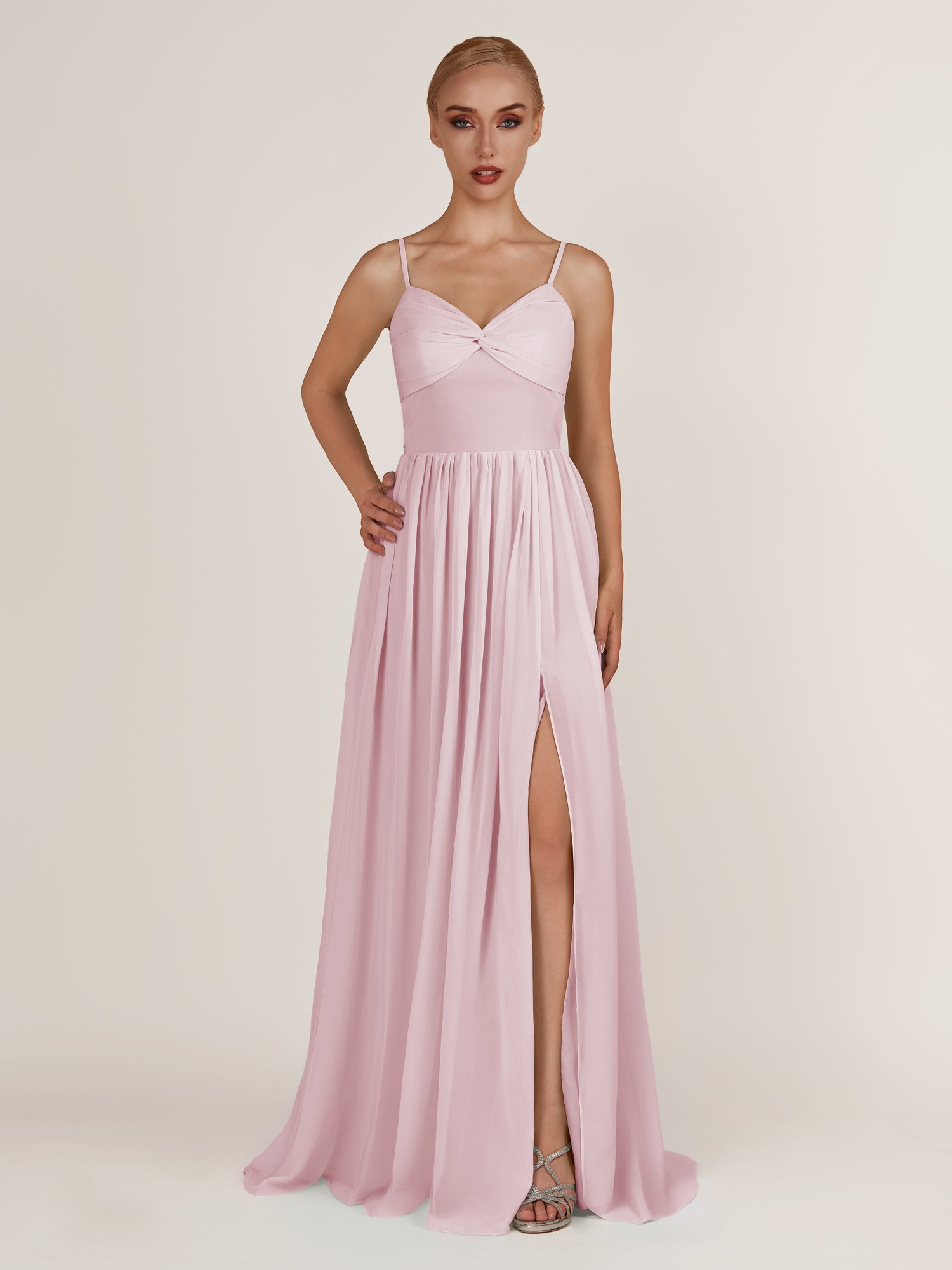 KissDress-Quillaine Candy Pink A Line V Neck Twisted Long Bridesmaid Dress with Slit