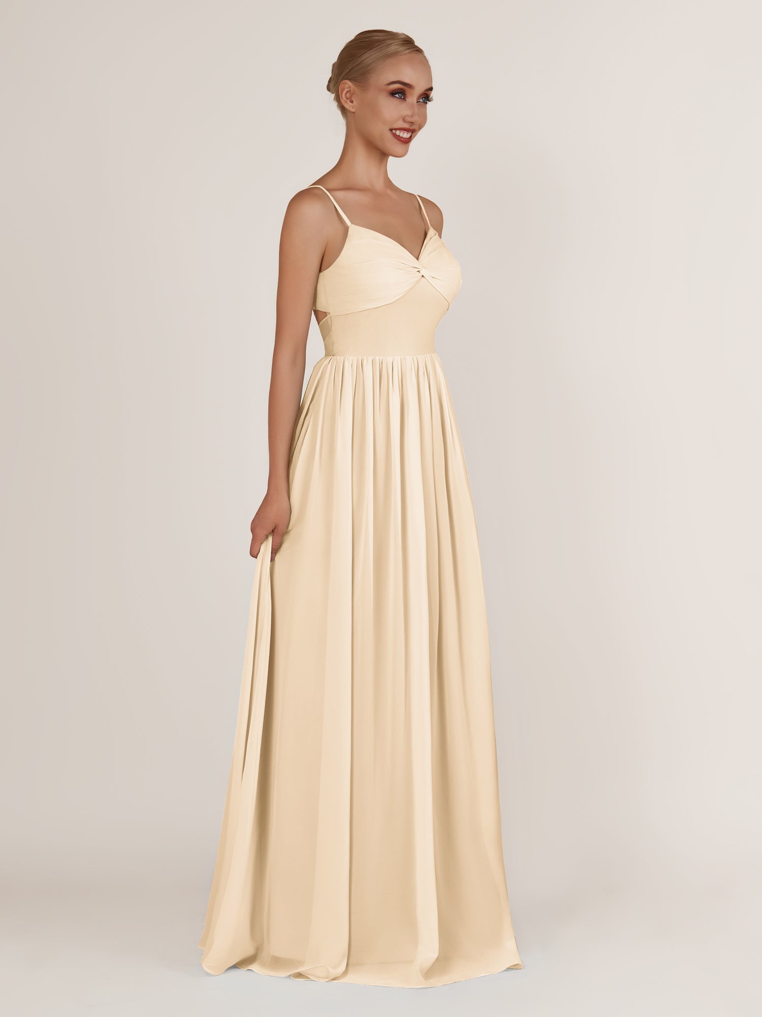 KissDress-Quillaine Champagne A Line V Neck Twisted Long Bridesmaid Dress with Slit