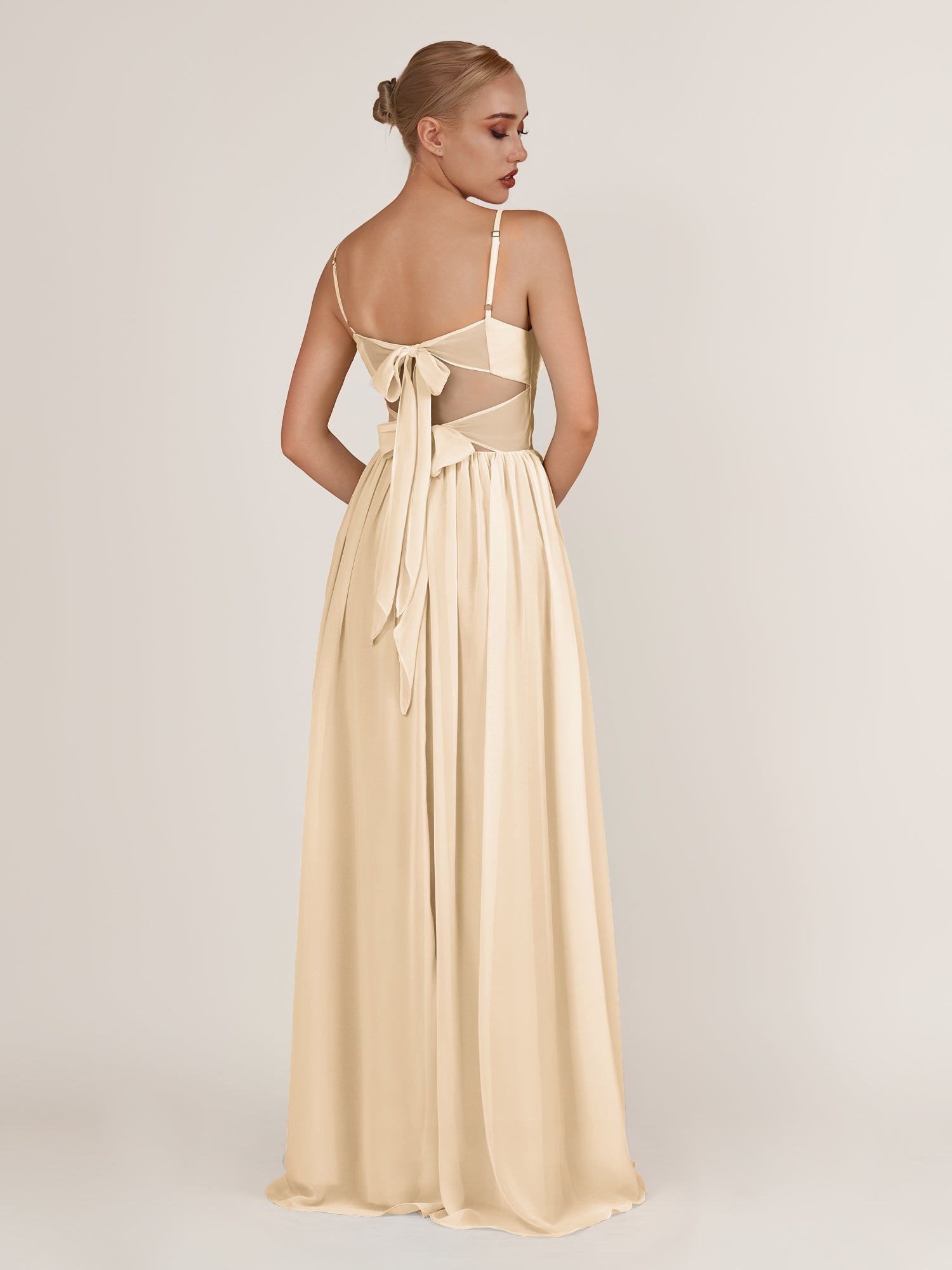 KissDress-Quillaine Champagne A Line V Neck Twisted Long Bridesmaid Dress with Slit