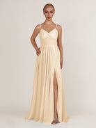 KissDress-Quillaine Champagne A Line V Neck Twisted Long Bridesmaid Dress with Slit