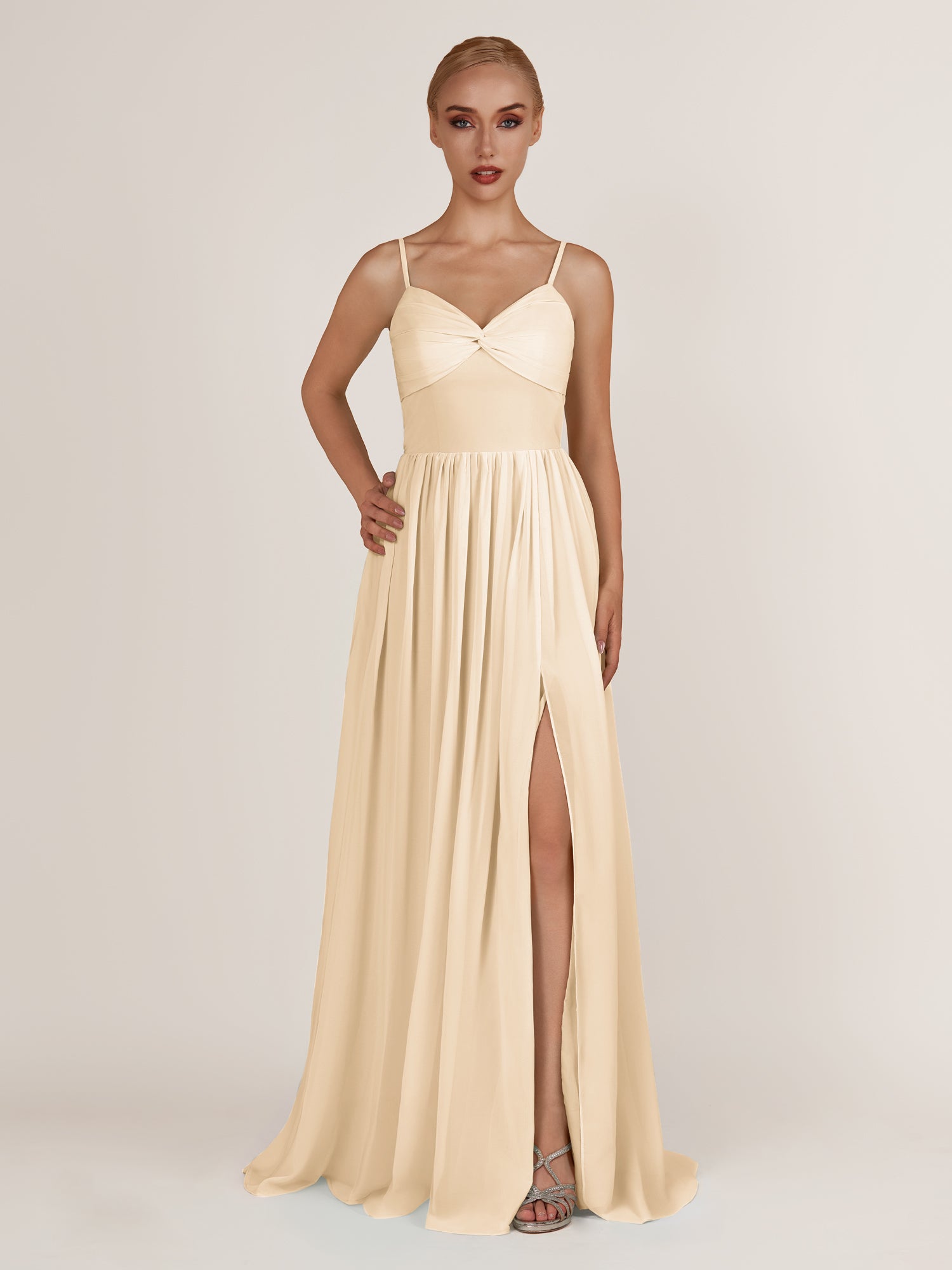 KissDress-Quillaine Champagne A Line V Neck Twisted Long Bridesmaid Dress with Slit