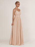KissDress-Quillaine Champagne Rose A Line V Neck Twisted Long Bridesmaid Dress with Slit