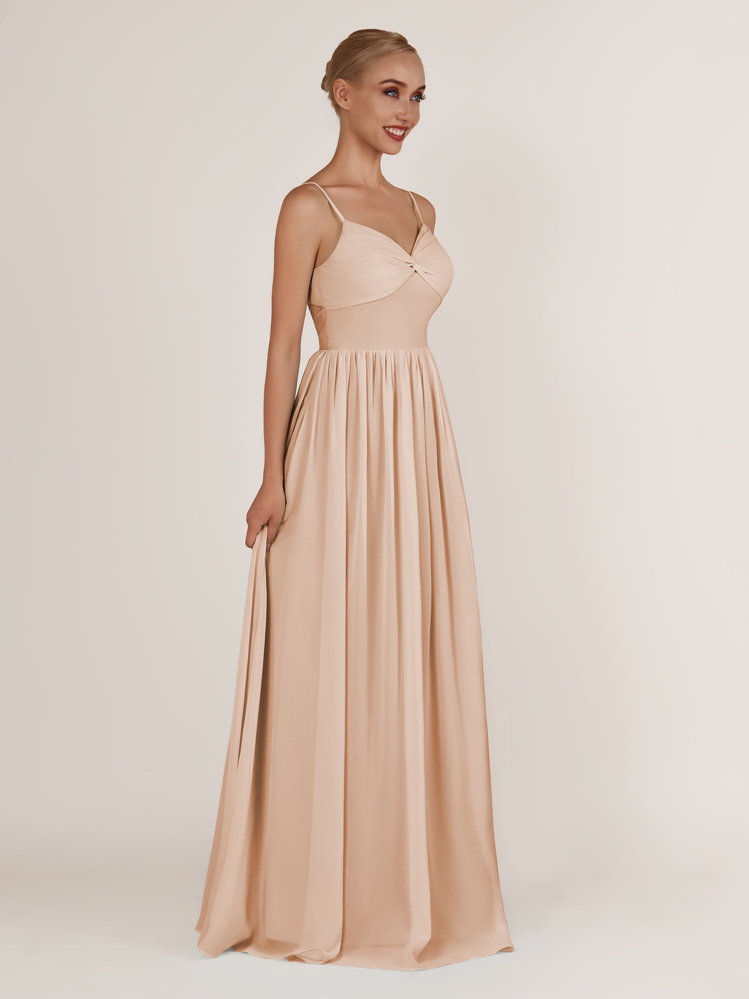 KissDress-Quillaine Champagne Rose A Line V Neck Twisted Long Bridesmaid Dress with Slit