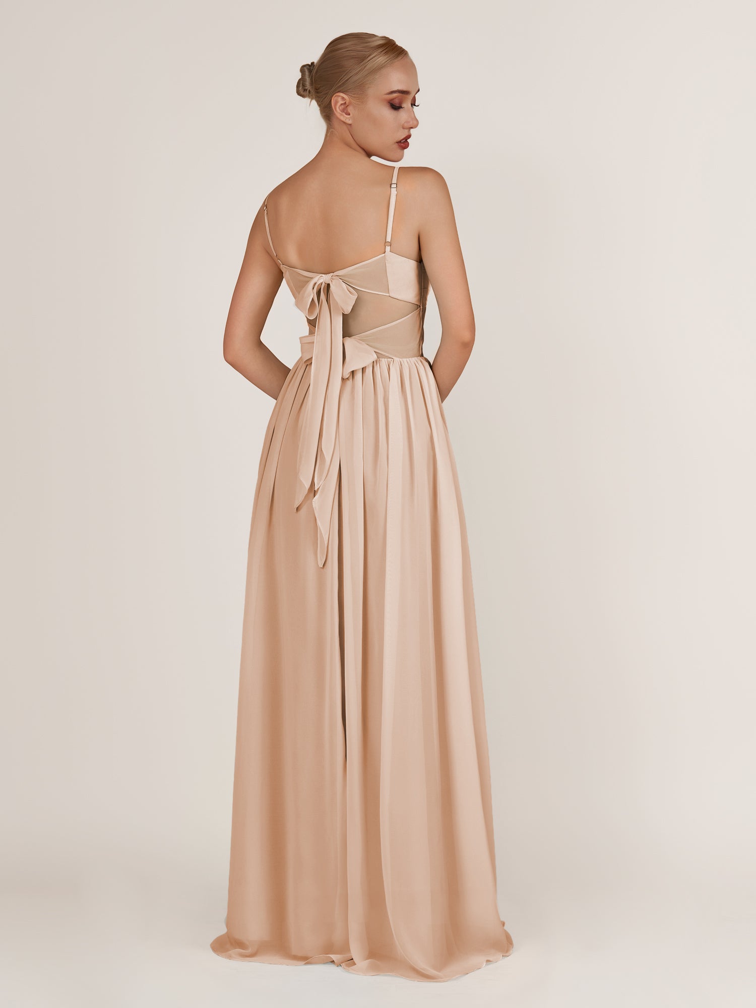 KissDress-Quillaine Champagne Rose A Line V Neck Twisted Long Bridesmaid Dress with Slit