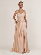 KissDress-Quillaine Champagne Rose A Line V Neck Twisted Long Bridesmaid Dress with Slit
