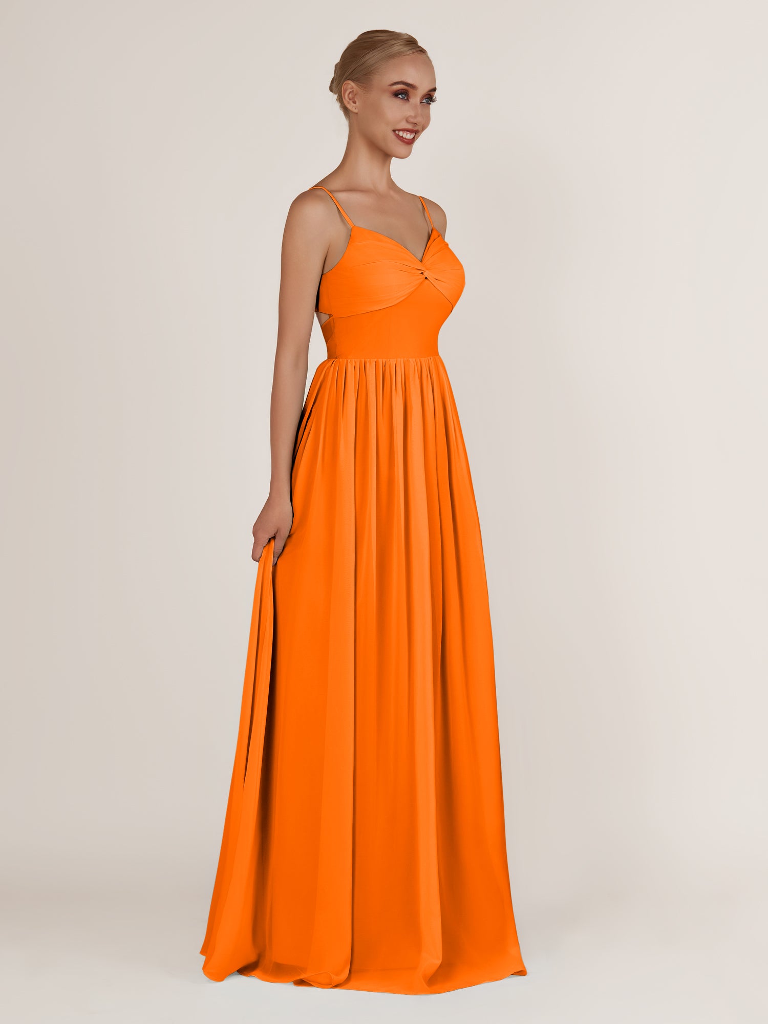 KissDress-Quillaine Cinnamon A Line V Neck Twisted Long Bridesmaid Dress with Slit