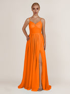 KissDress-Quillaine Cinnamon A Line V Neck Twisted Long Bridesmaid Dress with Slit