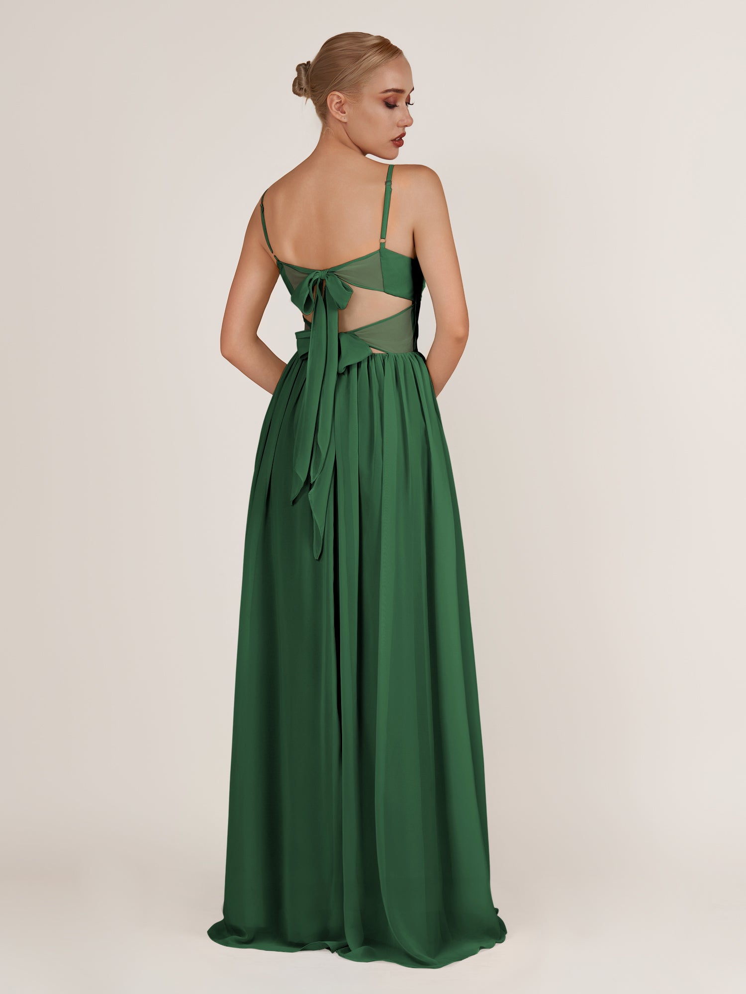 KissDress-Quillaine Dark Green A Line V Neck Twisted Long Bridesmaid Dress with Slit