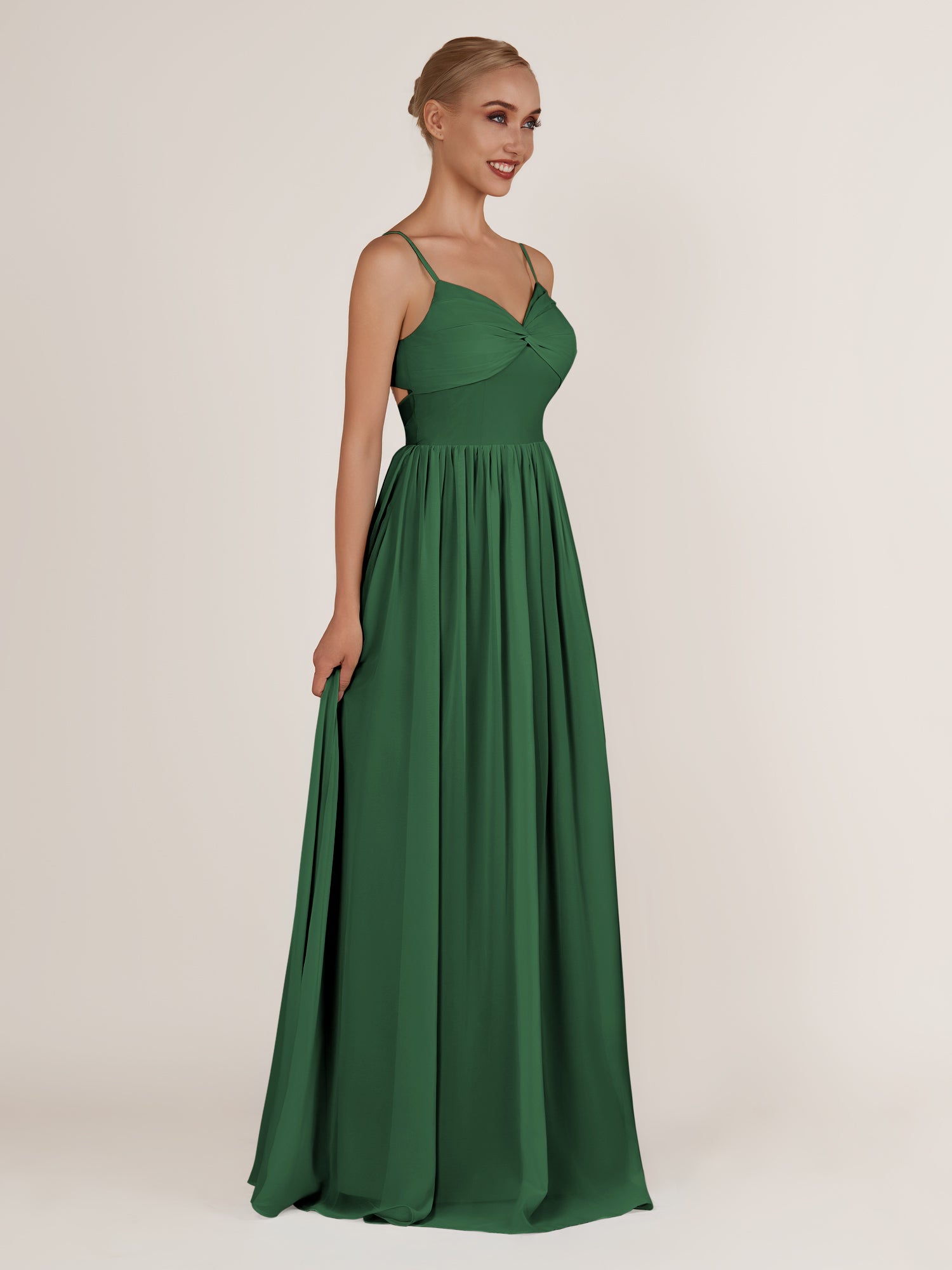 KissDress-Quillaine Dark Green A Line V Neck Twisted Long Bridesmaid Dress with Slit