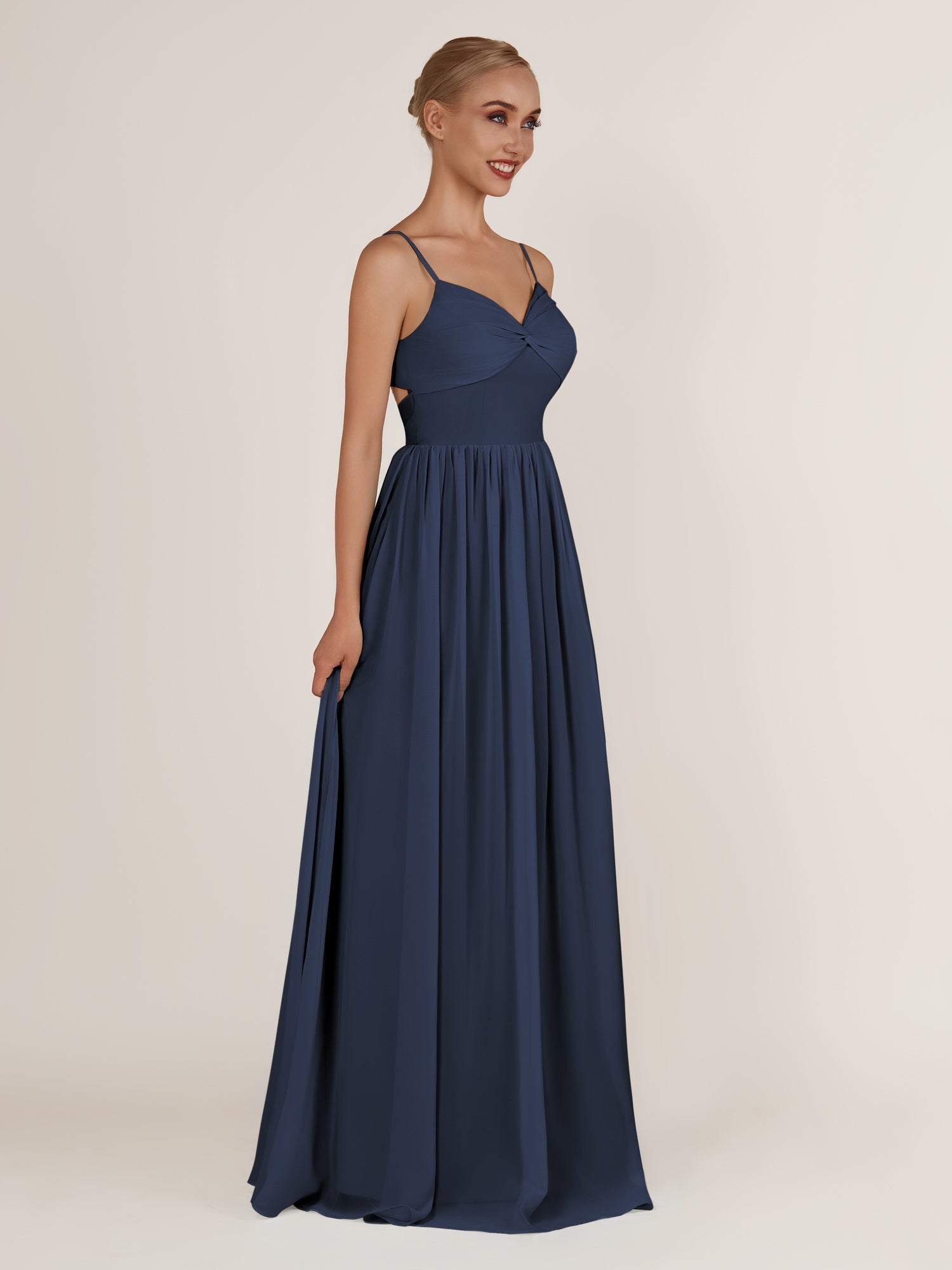 KissDress-Quillaine Dark Navy A Line V Neck Twisted Long Bridesmaid Dress with Slit