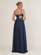 KissDress-Quillaine Dark Navy A Line V Neck Twisted Long Bridesmaid Dress with Slit