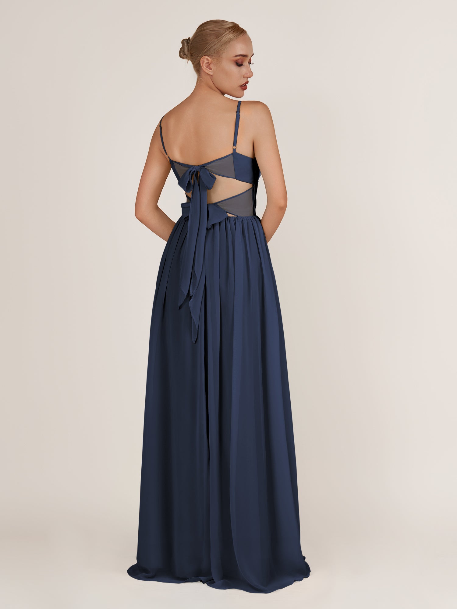 KissDress-Quillaine Dark Navy A Line V Neck Twisted Long Bridesmaid Dress with Slit
