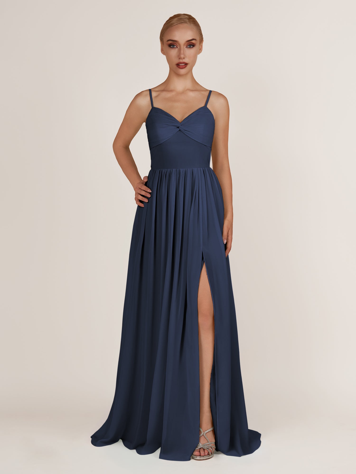 KissDress-Quillaine Dark Navy A Line V Neck Twisted Long Bridesmaid Dress with Slit