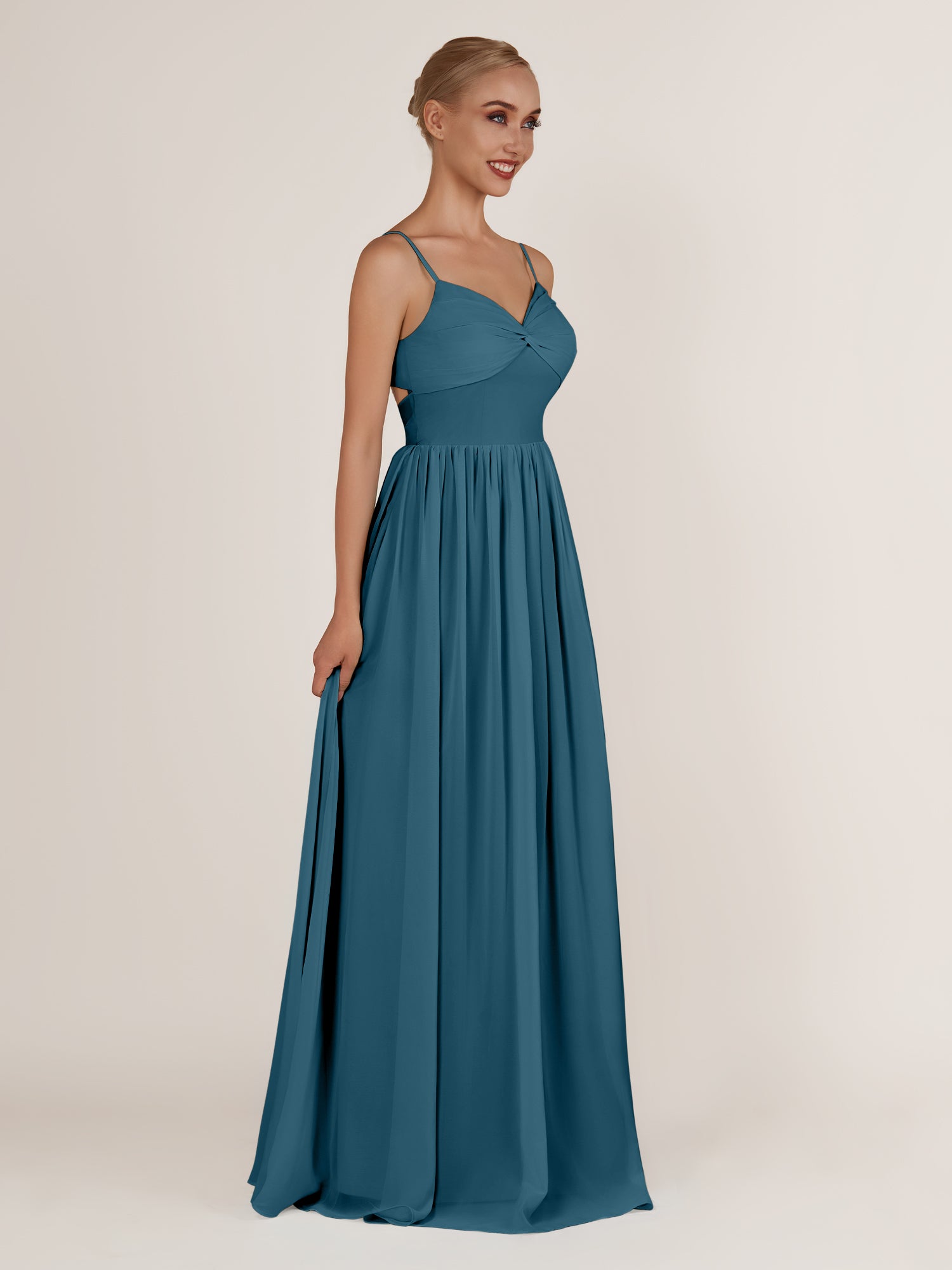 KissDress-Quillaine Dark Teal A Line V Neck Twisted Long Bridesmaid Dress with Slit