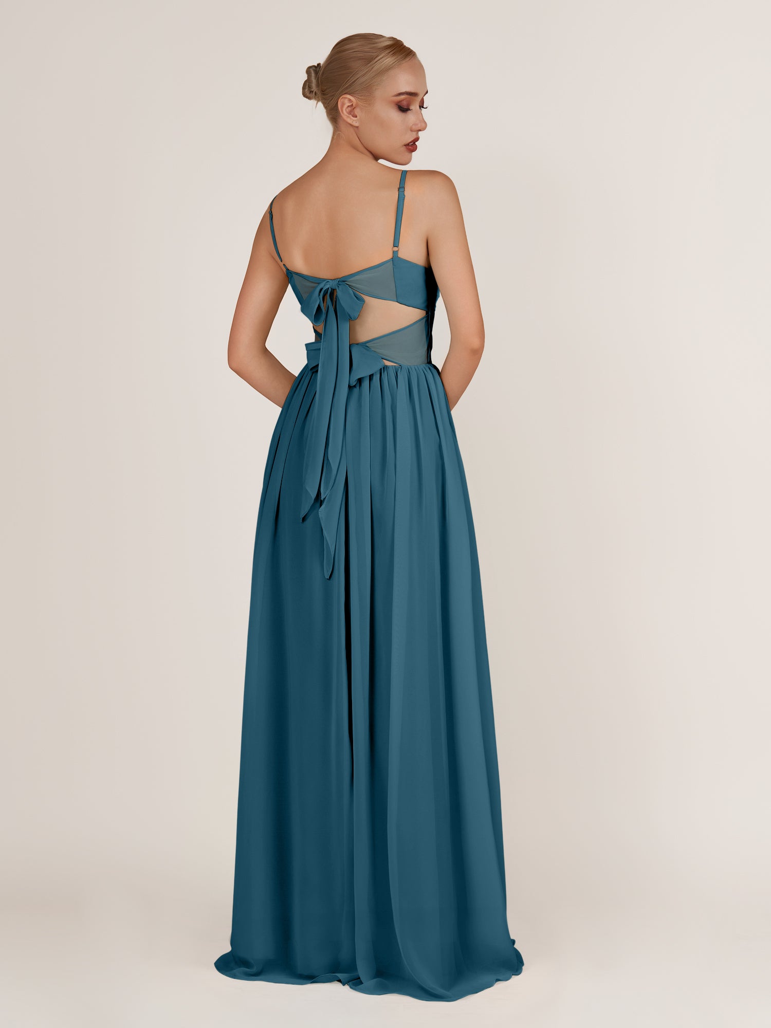 KissDress-Quillaine Dark Teal A Line V Neck Twisted Long Bridesmaid Dress with Slit