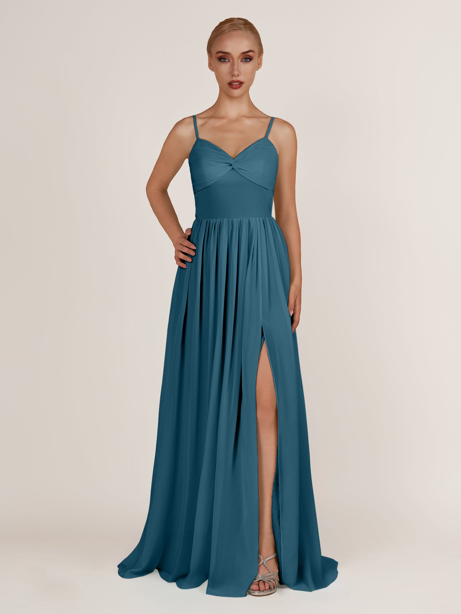 KissDress-Quillaine Dark Teal A Line V Neck Twisted Long Bridesmaid Dress with Slit