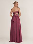 KissDress-Quillaine Desert Rose A Line V Neck Twisted Long Bridesmaid Dress with Slit