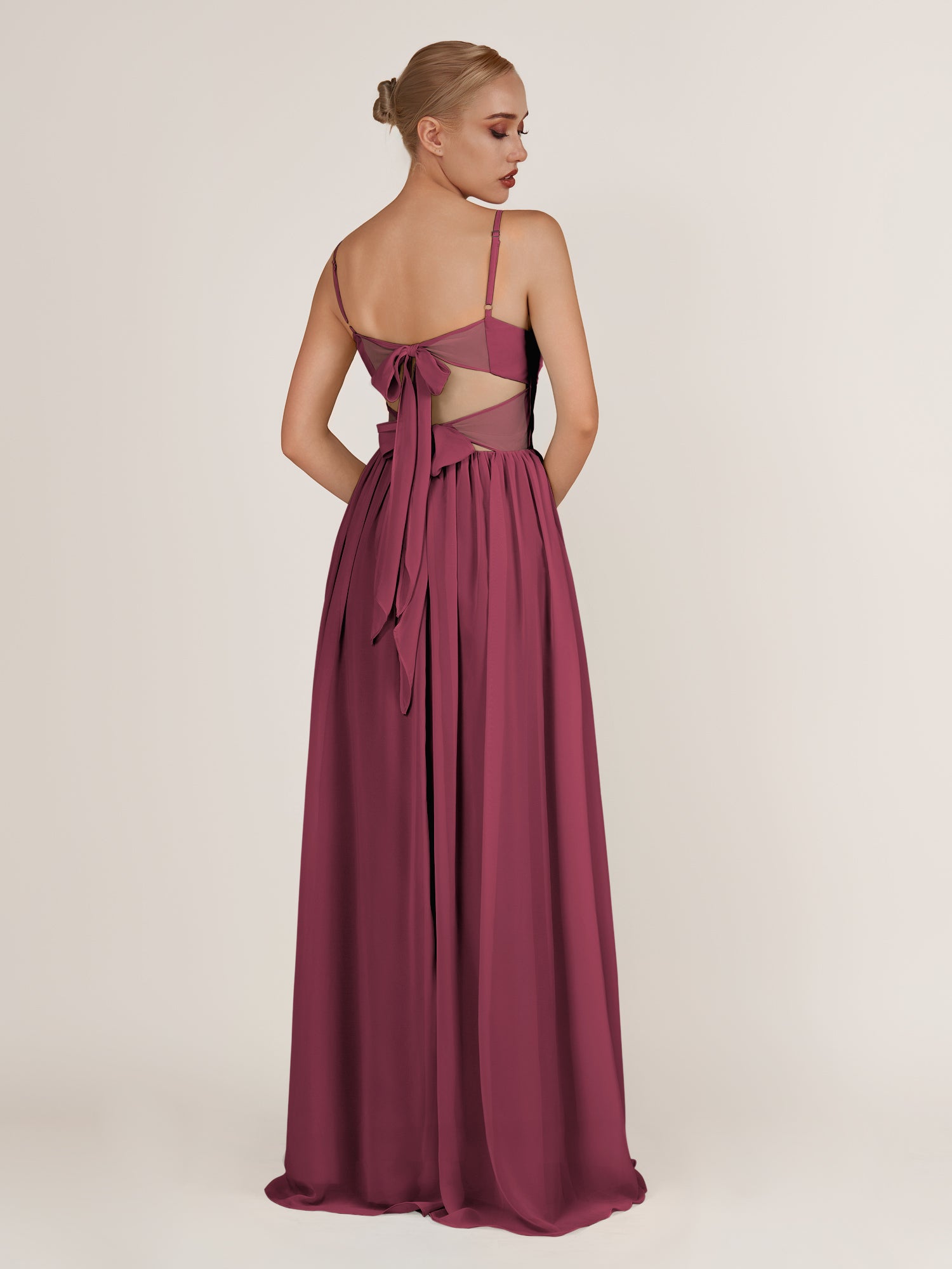 KissDress-Quillaine Desert Rose A Line V Neck Twisted Long Bridesmaid Dress with Slit