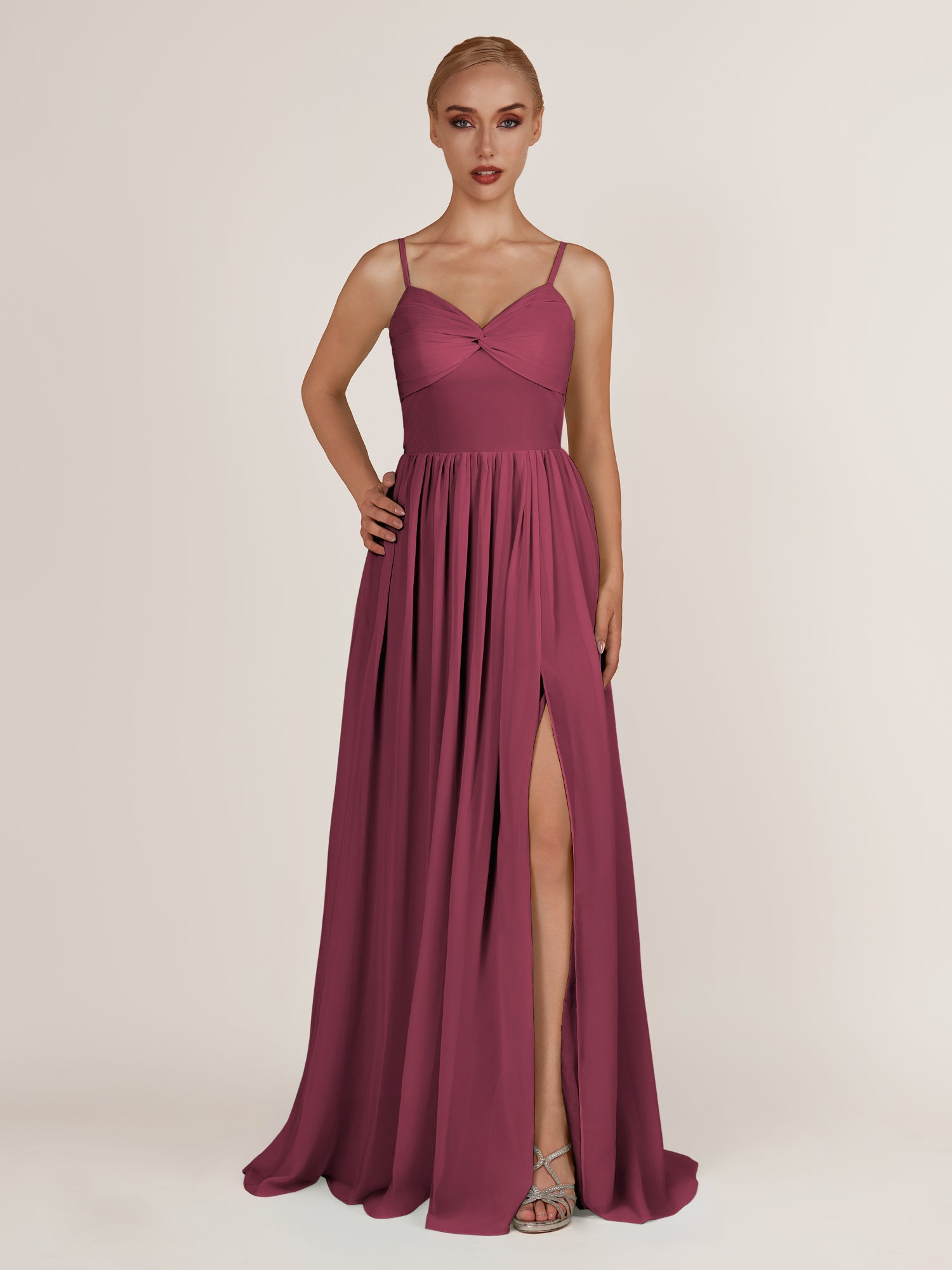 KissDress-Quillaine Desert Rose A Line V Neck Twisted Long Bridesmaid Dress with Slit