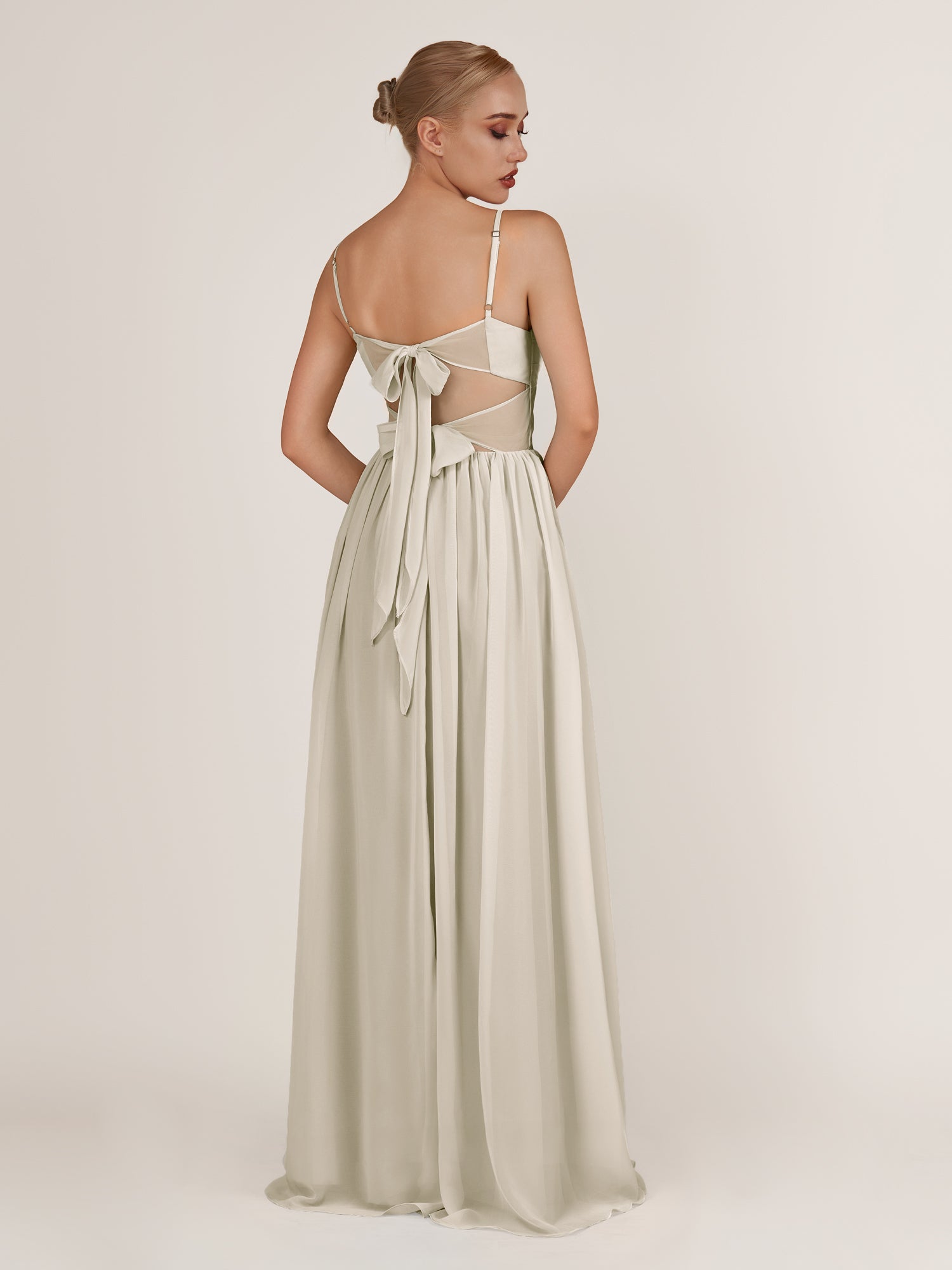 KissDress-Quillaine Dove Gray A Line V Neck Twisted Long Bridesmaid Dress with Slit