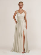 KissDress-Quillaine Dove Gray A Line V Neck Twisted Long Bridesmaid Dress with Slit