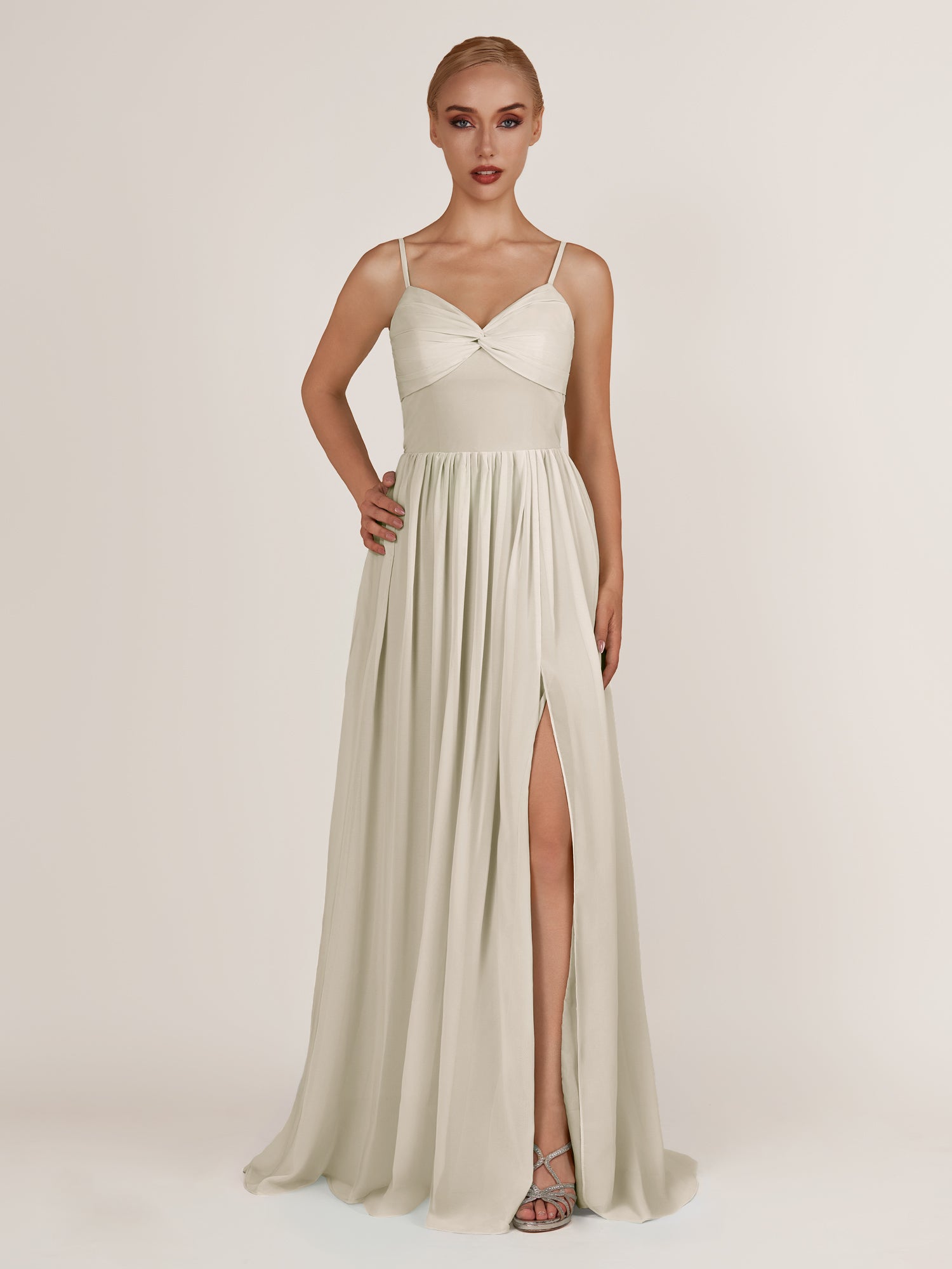 KissDress-Quillaine Dove Gray A Line V Neck Twisted Long Bridesmaid Dress with Slit