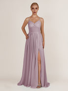 KissDress-Quillaine Dusk A Line V Neck Twisted Long Bridesmaid Dress with Slit