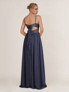 KissDress-Quillaine Dusk Blue A Line V Neck Twisted Long Bridesmaid Dress with Slit
